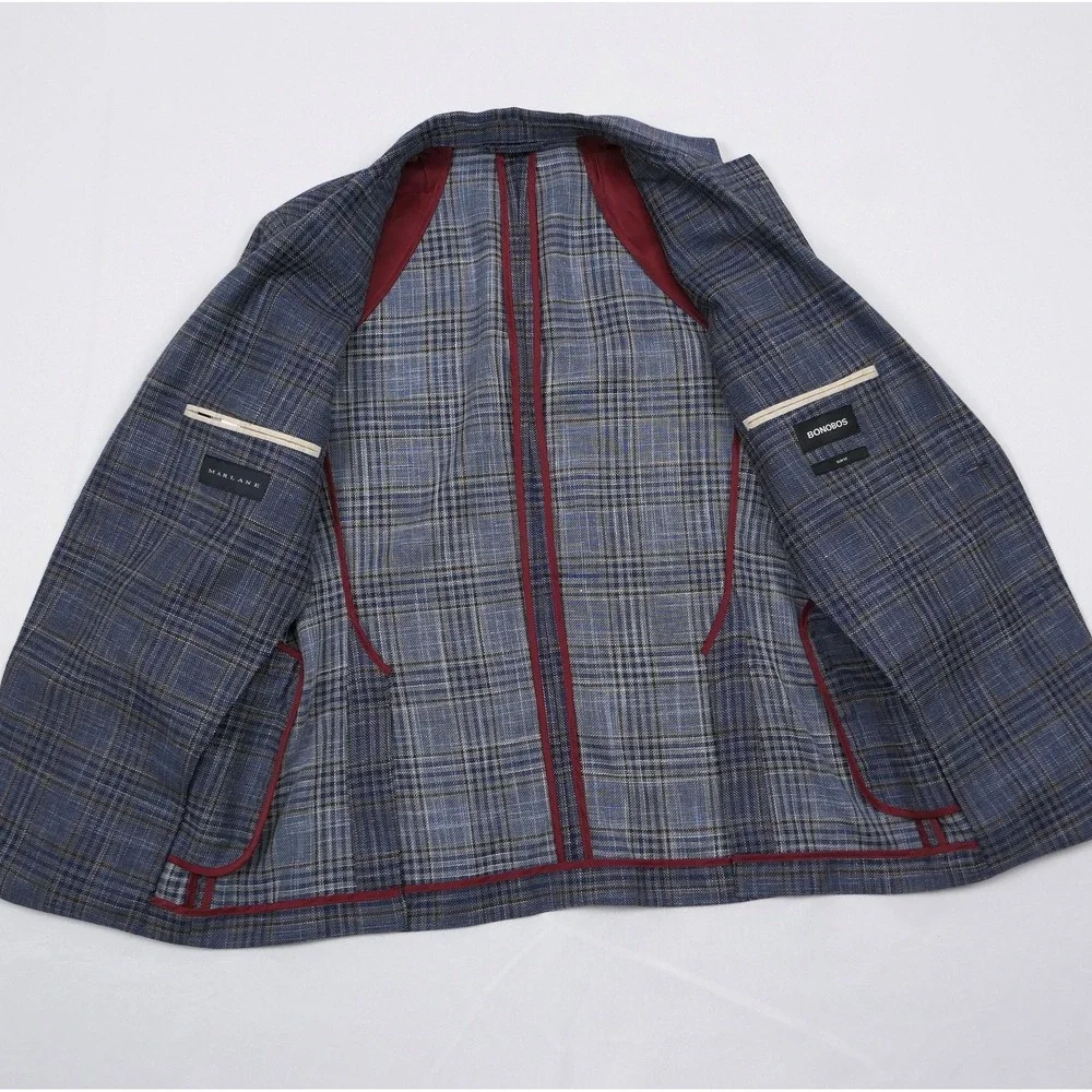 Bonobos Marlane Slim Fit Hopsack Blazer Mens 38S Blue Glen Plaid Wool Linen